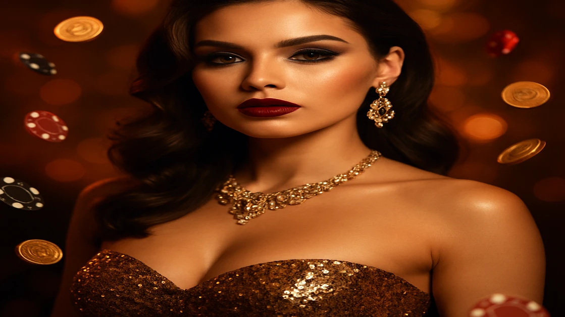 একটি জাঁকালো নারী, জ্বলজ্বলন্ত সোনালি পোশাকে, Dhaka game এ বিলাসবহুল জয়-অনুভবকে ধারণ করেন; তার চারপাশে ঝলমলে সোনা কয়েন ও চিপসের বর্ষণ নেমে এসেছে।
